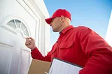 Man in red shirt and hat holding clipboard and knocking on home door