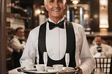 An older waiter with grey hair dressed in formal attire while carrying a tray with dishes and standing in an elegant restaurant.