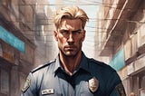 Police office, a muscular and gorgeous blond man, standing with his arms crossed.