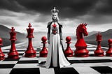 Human queen on a grayscale chessboard with red pieces behind