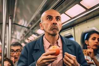 A man eating a peach on a bus.