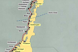Map of Norway showing cruise route