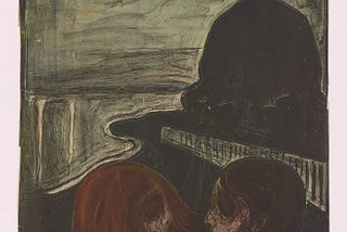 A darkly-coloured print of two figures, a woman with red hair and dark orb-like eyes, turned towards a man with short dark hair and dark-orb eyes. Up ahead of them is a long winding dark path surrounded by a grey shiny substance that looks like the sea. And in the distance, a large, dark, foreboding looking mountain looms.