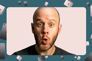 A blue background with an array of differently sized iPad mini 6’s in grey and pink, scattered. A pink square centre with Mark Ellis in the middle dawning a surprised, shocked expression.