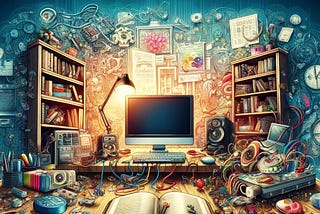 illustration of a cluttered office focusing on a computer screen