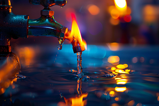 a tap water faucet with flames coming out of it. Jet fuel in Hawaii’s tap water