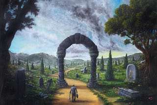 A man carrying a briefcase and a shovel and walking through an archway in a graveyard