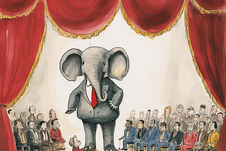 elephant in a suit on stage, in the style of babar, no one seems to notice