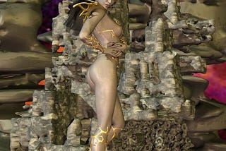 A scantily-clad time traveler from the future stands in an ethereal setting. She wears a vaguely Aztec cum Imperial Chinese golden crown of sorts, a skimpy golden harness barely concealing her breasts, and golden sandals that wind up to her knees.
