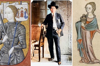 A triptych of three images showing an illustration of Joan of Arc, a colourised photograph of Amelio Robles Avila and an illustration of a medieval woman.