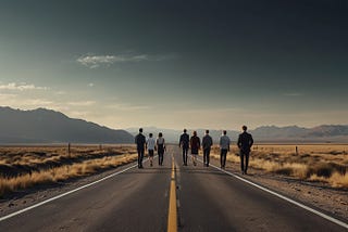 a digital art photo of a group of professionals walking on a road that goes on past the horizon