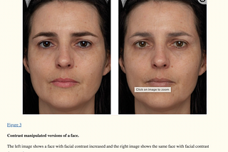 contrast manipulated versions of a face. The left image shows a face with facial contrast increased and the right image shows the same face with facial contrast decreased.