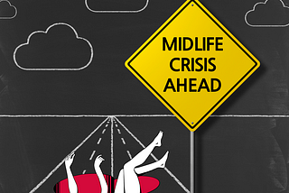 Cartoon drawing of road with sign “midlife crisis ahead” and woman falling through a hole in ground