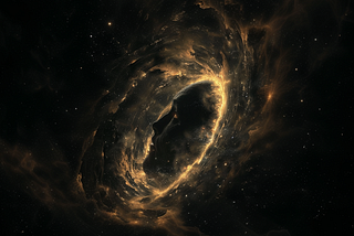 A creepy dark face in the center of a swirling black hole in outer space, surrounded by gas clouds that are being sucked in.