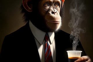Chimpanzee in a tie, holding a plastic cup with steaming coffee