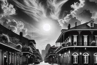 Black & white image of a bright sun and clouds above buildings with balconies similar to those on Bourbon Street in New Orleans