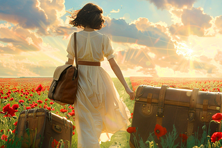 A woman wearing white walks through a bright sunlit field of red poppies with a small brown bag on her shoulders but having left two large leather suitcases by the wayside.