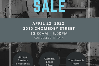 Beverly Castro and Griffintow_girl are sharing an image of a garage sale picture with lots of furniture to be sold in downtown Montreal.