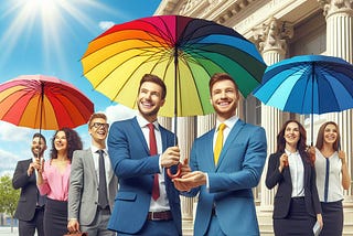 Bankers with umbrellas on a sunny day