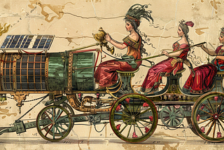 In ancient Rome, three women ride a sola-powered chariot.