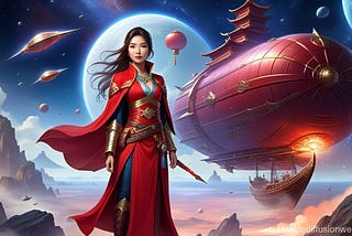Chinese woman with red space ship on alien planet