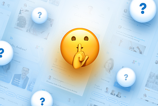 Emoji on a blue background of interfaces and question marks around it.