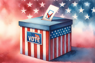 Watercolor image of an American style ballot box.