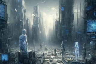 IMAGE: An illustration visually representing the “Dead Internet Theory”. It features a desolate digital landscape resembling a cityscape made of circuit boards and data streams, devoid of human presence, and populated by AI elements. This captures the eerie and abandoned atmosphere suggested by the theory, emphasizing a world dominated by automation and minimal genuine human interaction
