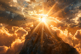 Closeup of the apex portion of a mountain where a man stands free and rays of golden white Light dart around him, beautiful clouds and majestic birds flying
