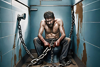 A man chained to the toilet