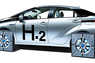 ChatGPT & DALL-E generated image of a Toyota Mirai hydrogen fuel cell car with square wheels