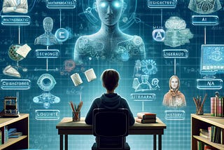 IMAGE: A student at a desk surrounded by several personalized artificial intelligence algorithms, each represented as a holographic figure teaching different subjects in a futuristic classroom. This scene conveys a dynamic and interactive learning environment enhanced by technology