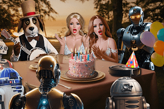 Robots of different types at a table. On the table is a birthday cake and a Roomba with a birthday hat on.