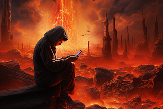 A young person, hooded, sitting on a rock surrounded by lava, staring at their phone and doom scrolling.