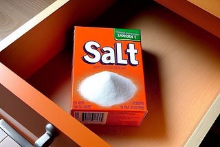 a close-up of orange empty kitchen drawer opened to expose nothing except an orange box of salt