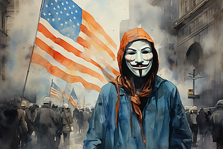 Watercolor illustration of a person wearing a Guy Fawkes Mask. Background appears to be a struggle or protest with an American Flag waving.