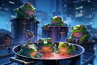 We see six frogs in boiling pots, three of those frogs sharing the same pot, and three remaining frogs boiling in their own respective boiling pot, drawn in dystopian Tokyo with emphasized cold color palette during a rainy night.