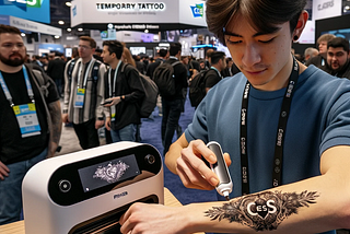 Man at CES 2024 is printing temporary tattoo on his arm