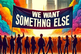 A picture of a group of protesters holding up a sign that says “We Want Something Else”