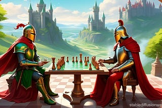 a red knight and a green knight play chess on a hillside