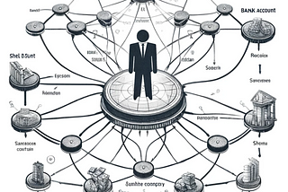 Detailed black and white pencil sketch of a money laundering and sanctions investigation graph centered on an icon representing a person, showing connections and transactions among various entities like banks and shell companies.