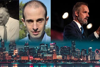 Image mashup for a header — Jung, Yuval Noah Harari and Jordan Peterson above a city at night — photo credits — Jung is Public Domain, Yuval is Yuval’s, Jordan is from Gage Skidmore, the city is Unsplash and Max Bender