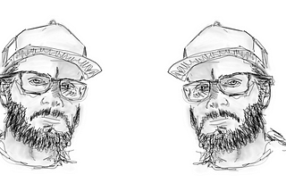 Self-portrait of the author in pencil, ink, and watercolor. There are two images of him in the sketch mirroring one another. He is wearing a baseball cap, glasses, and has a beard.