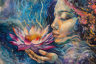 Artistic painting of a woman in contemplation holding a pink lotus blossom before her face with swirls of the Light energy radiating above and below and in all directions. The image is very multi-colored.
