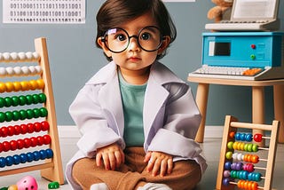 A young child dressed up as a scientist, with a lab coat and glasses, sits on the floor surrounded by educational toys, including blocks with letters, an abacus, and a child’s laptop.