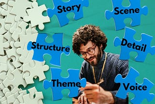 Man writing in front of a writing puzzle with pieces labeled story, structure, scene, theme, detail, and voice.