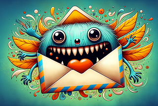 An illustration of an email envelope monster. This design features an envelope-shaped body that floats, with a lively expression and sharp teeth!