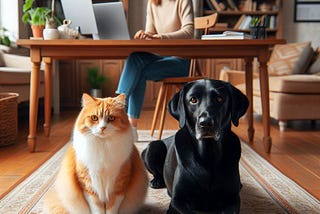AI image created in Bing, of a cat, dog and lady in the background