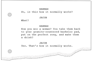 Ripped script page with scene from Crazy, Stupid, Love which is quoted later.