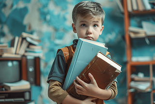 A boy holding some books while a TV sits ignored in the background